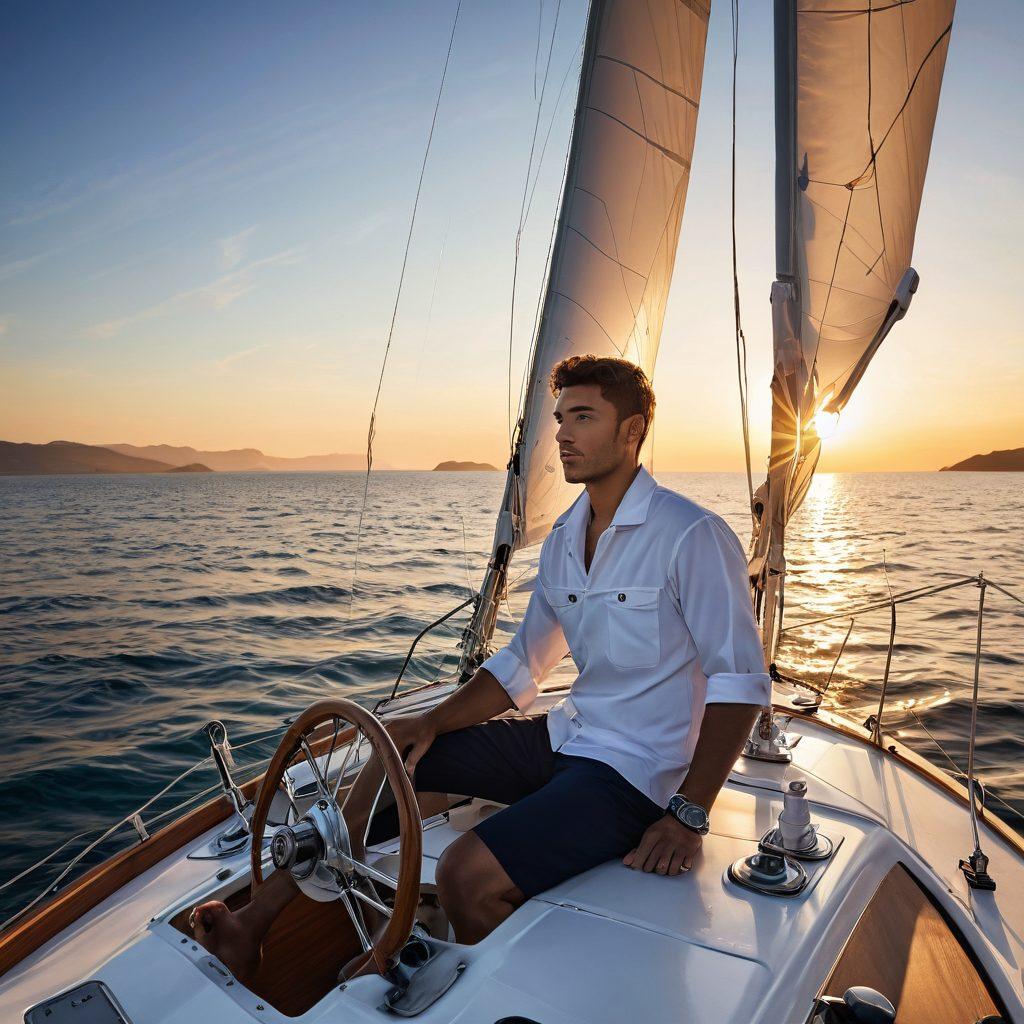 A tranquil scene of a confident sailor steering a sleek sailboat through calm blue waters, surrounded by idyllic coastal landscapes. The sun sets in the background, casting a warm glow over the sails, while marine insurance documents are subtly placed on the boat's deck. Include elements like life jackets and a navigational map to symbolize safety and preparation. super-realistic. vibrant colors. serene atmosphere.