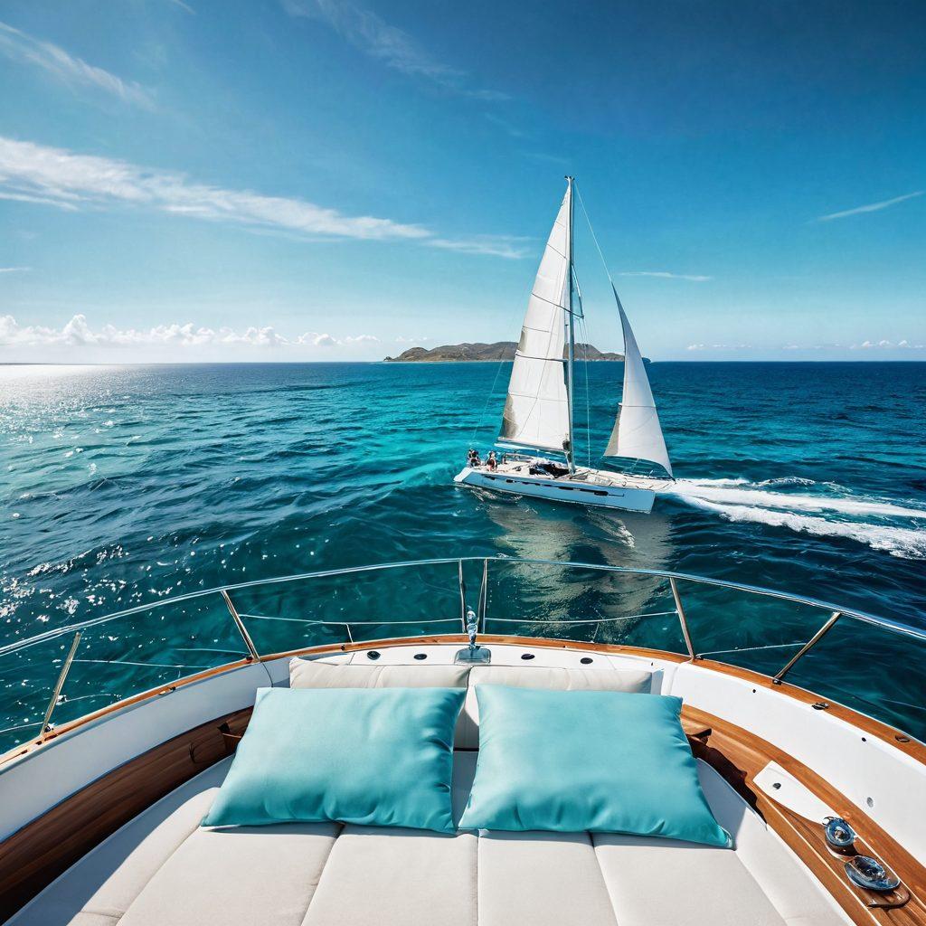 A luxurious yacht gliding through shimmering turquoise waters, with a clear blue sky above. Include a smiling couple onboard, enjoying their sailing adventure, while a subtle shield symbol overlays the image to represent insurance protection. Surround the yacht with waves and a distant coastline to evoke a sense of freedom and adventure in yachting. super-realistic. vibrant colors. nautical theme.