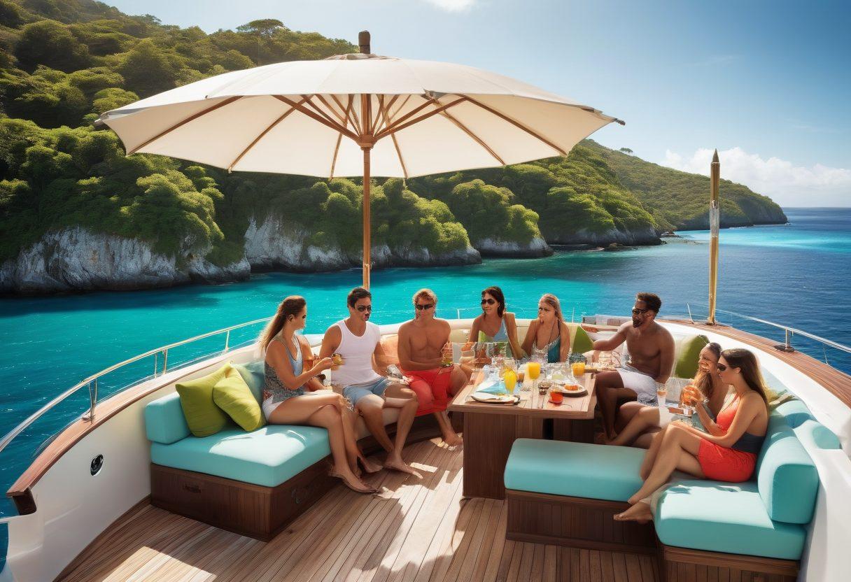 A luxurious yacht sailing on a serene blue ocean, surrounded by lush green islands under a clear sky. In the foreground, a diverse group of friends laughing and enjoying themselves on the deck, with a large umbrella and refreshments at hand. The image conveys a sense of adventure and security, highlighting the importance of protecting passions through insurance. super-realistic. vibrant colors. 3D.